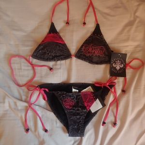 NWT Small Affliction bikini pink and black rhinestones